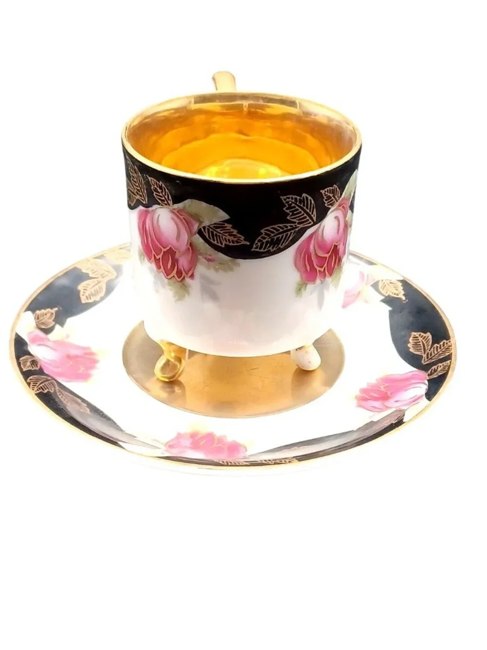 Vintage Lefton Footed Demitasse Cup Saucer #20515 Japan Gold Pink Roses Black